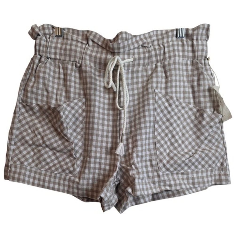 Indigo Rein Shorts Womens Large Tan Gingham Linen Blend Paperbag Waist NWT - Picture 4 of 16